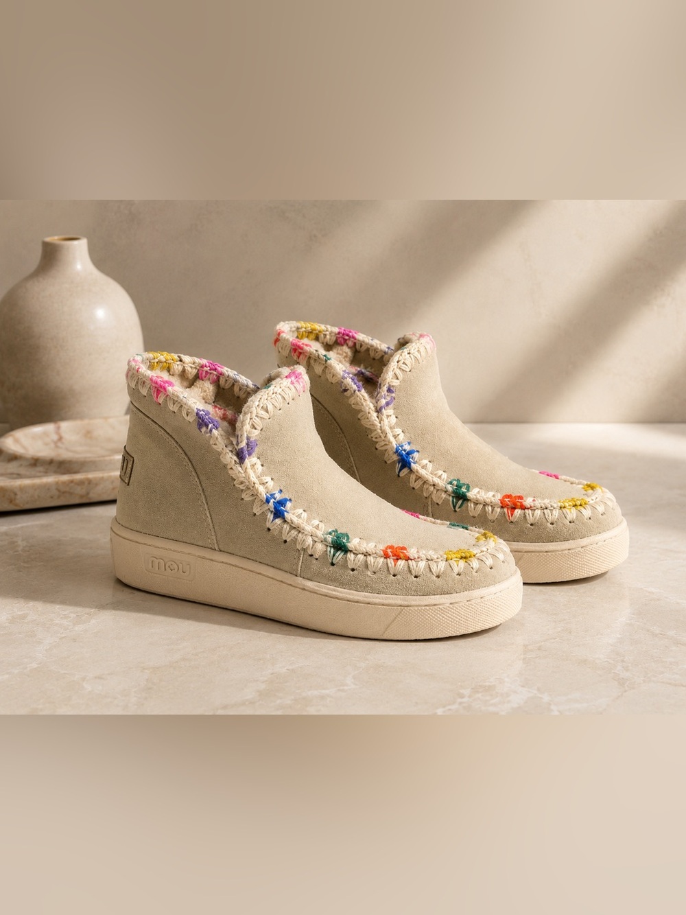 Mou Beige Suede Ankle Boots Rainbow Whipstitch EU 36